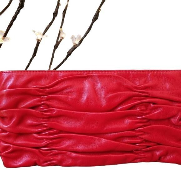 Michael Kors Red Ruched Leather Expandable Clutch with Chrome Hardware - Picture 4 of 8